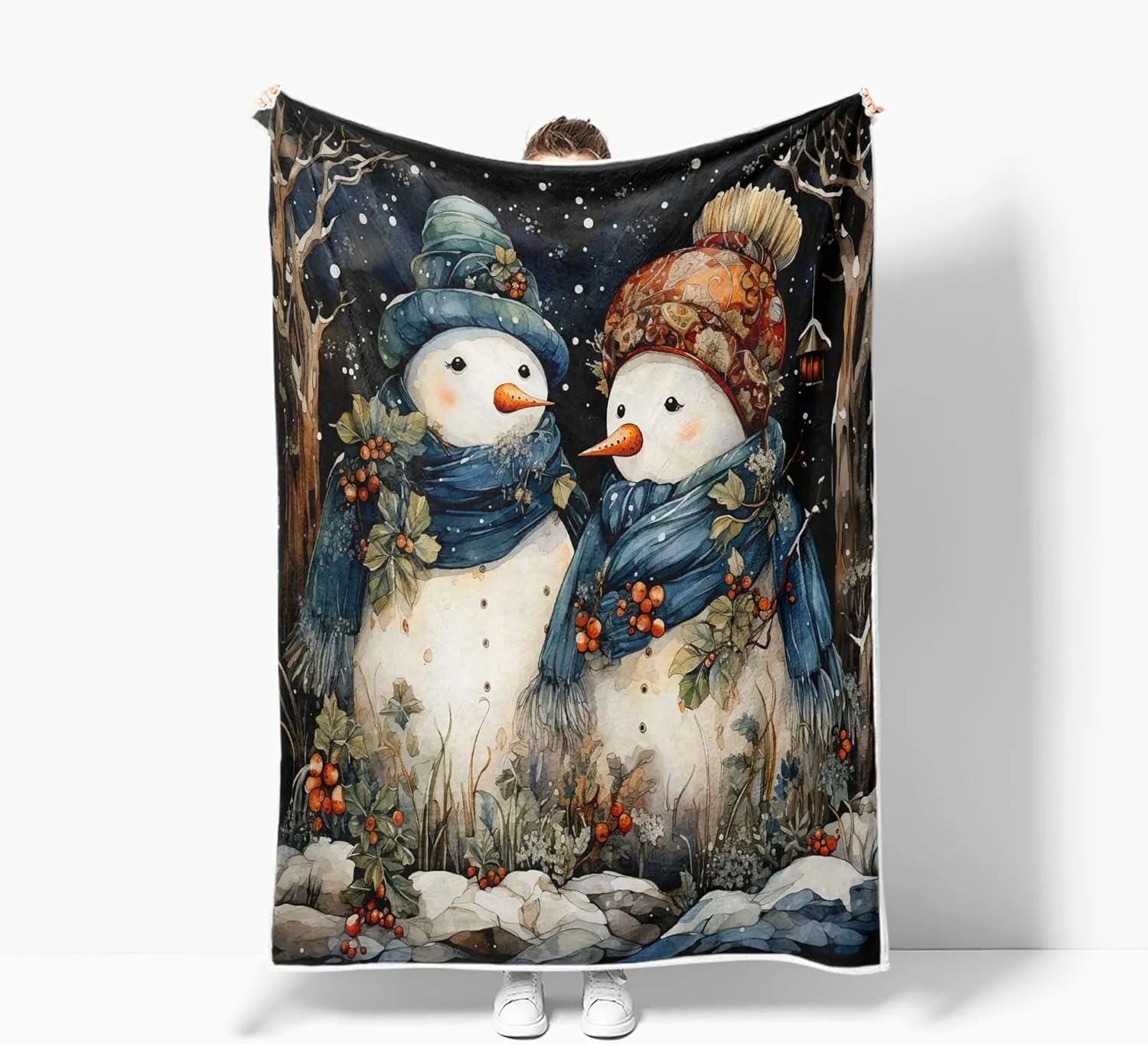 Christmas Snowman Throw Blanket, Winter Xmas Snowman in Snowy Forest Cozy Fuzzy Flannel Blankets and Throws, Snowflake Christmas Couch Sofa Bed Camping Travel Picnic Outdoor Blanket, 50X60IN