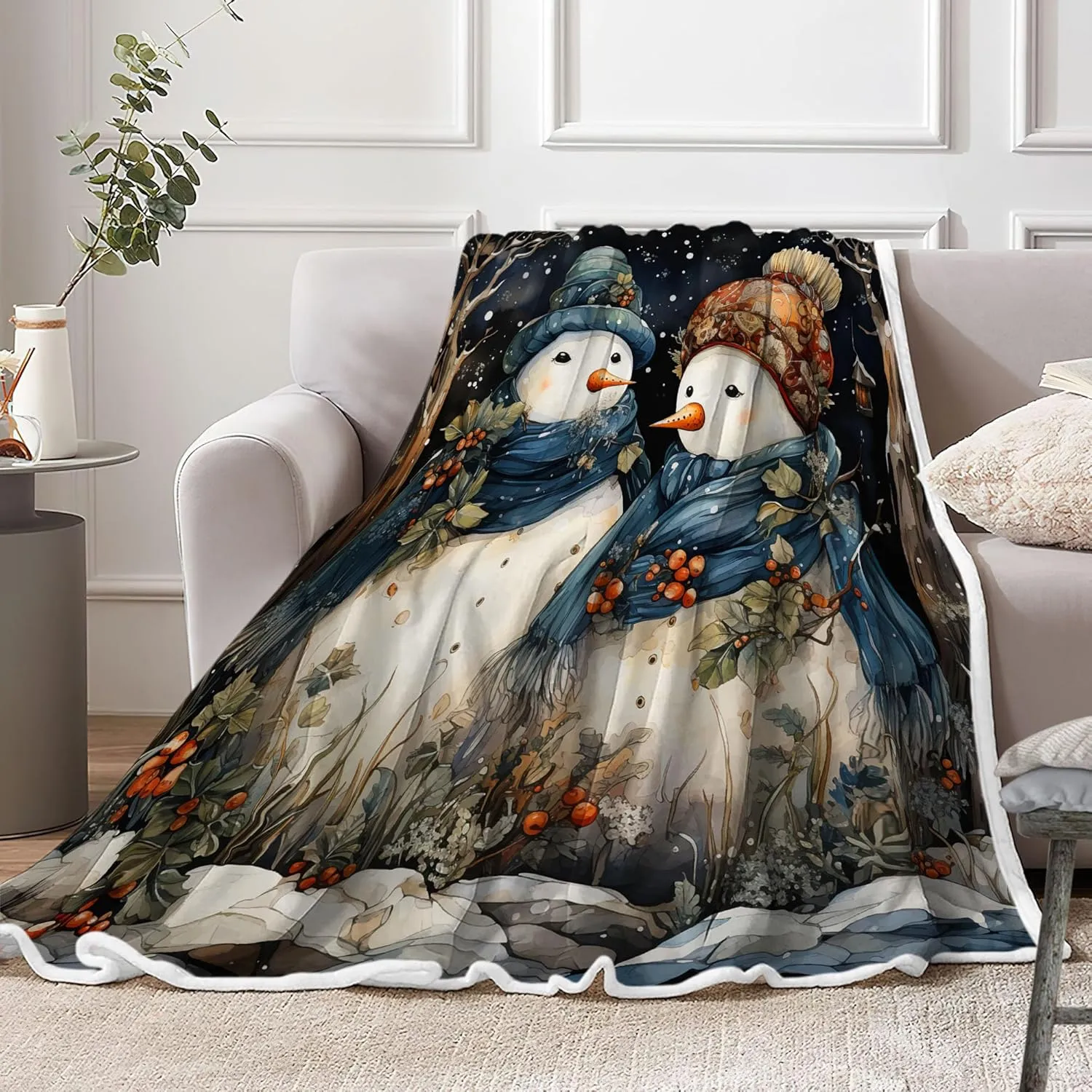 Christmas Snowman Throw Blanket, Winter Xmas Snowman in Snowy Forest Cozy Fuzzy Flannel Blankets and Throws, Snowflake Christmas Couch Sofa Bed Camping Travel Picnic Outdoor Blanket, 50X60IN