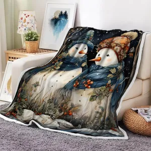 Christmas Snowman Throw Blanket, Winter Xmas Snowman in Snowy Forest Cozy Fuzzy Flannel Blankets and Throws, Snowflake Christmas Couch Sofa Bed Camping Travel Picnic Outdoor Blanket, 50X60IN