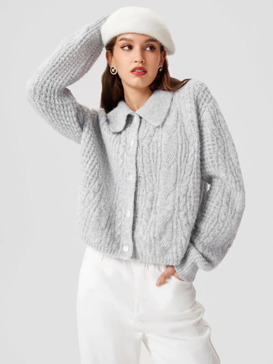 CIDER Cardigan Sweater for Women Collared Button Down Chunky Wool-Blend Crop Cute Knitted Tops