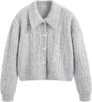 CIDER Cardigan Sweater for Women Collared Button Down Chunky Wool-Blend Crop Cute Knitted Tops
