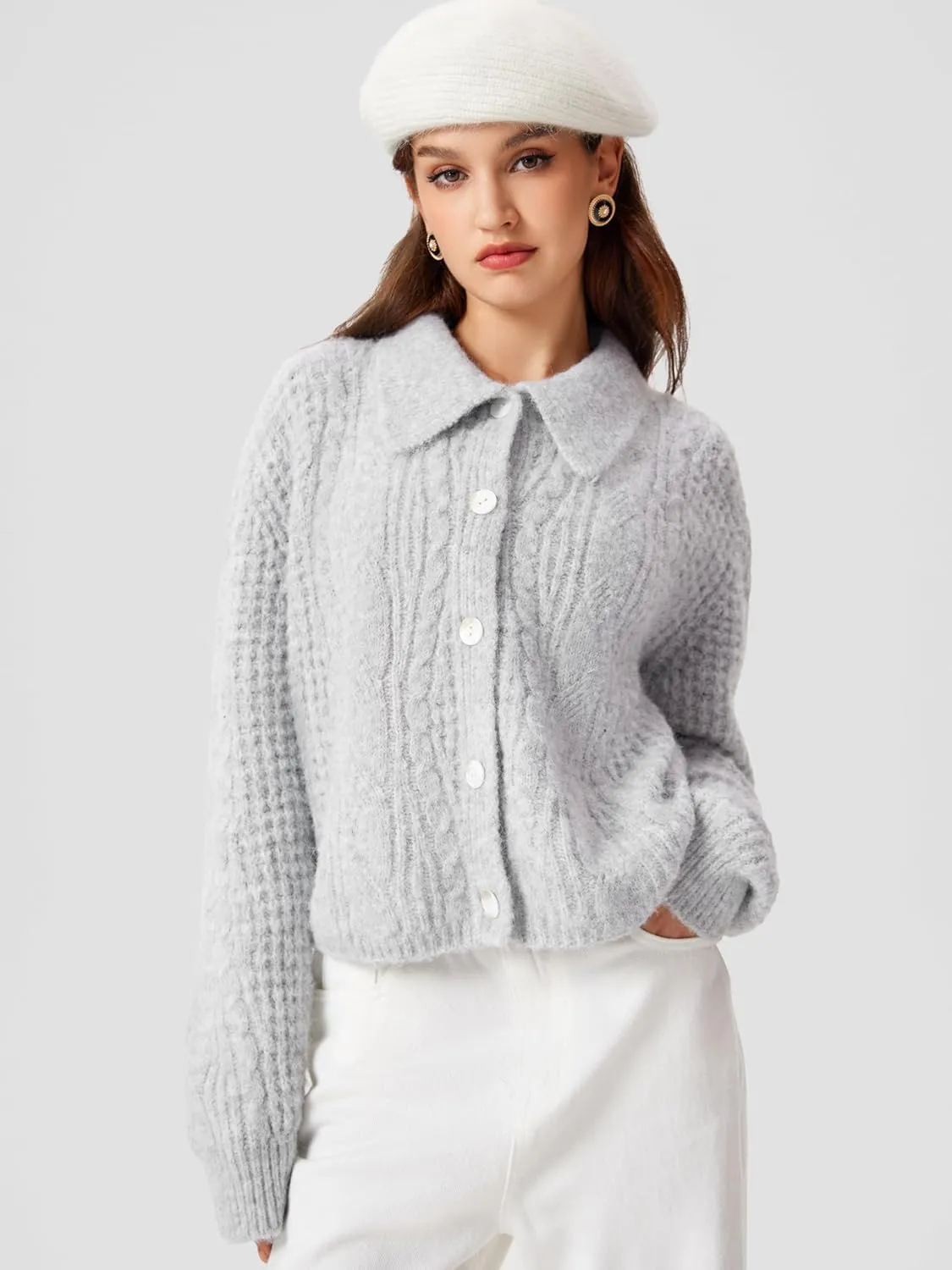 CIDER Cardigan Sweater for Women Collared Button Down Chunky Wool-Blend Crop Cute Knitted Tops