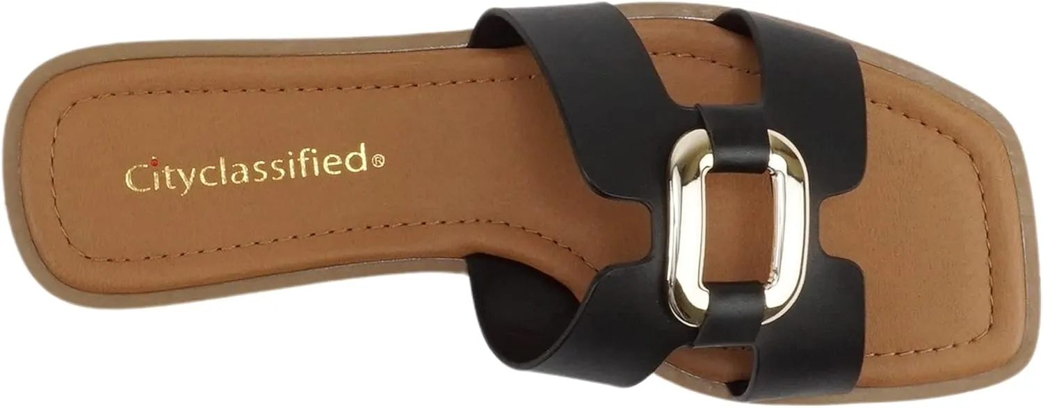 CITYCLASSIFIED “FENG” ~ Women Square Toe H-Band Buckle Slip-On Fashion Slide Sandal
