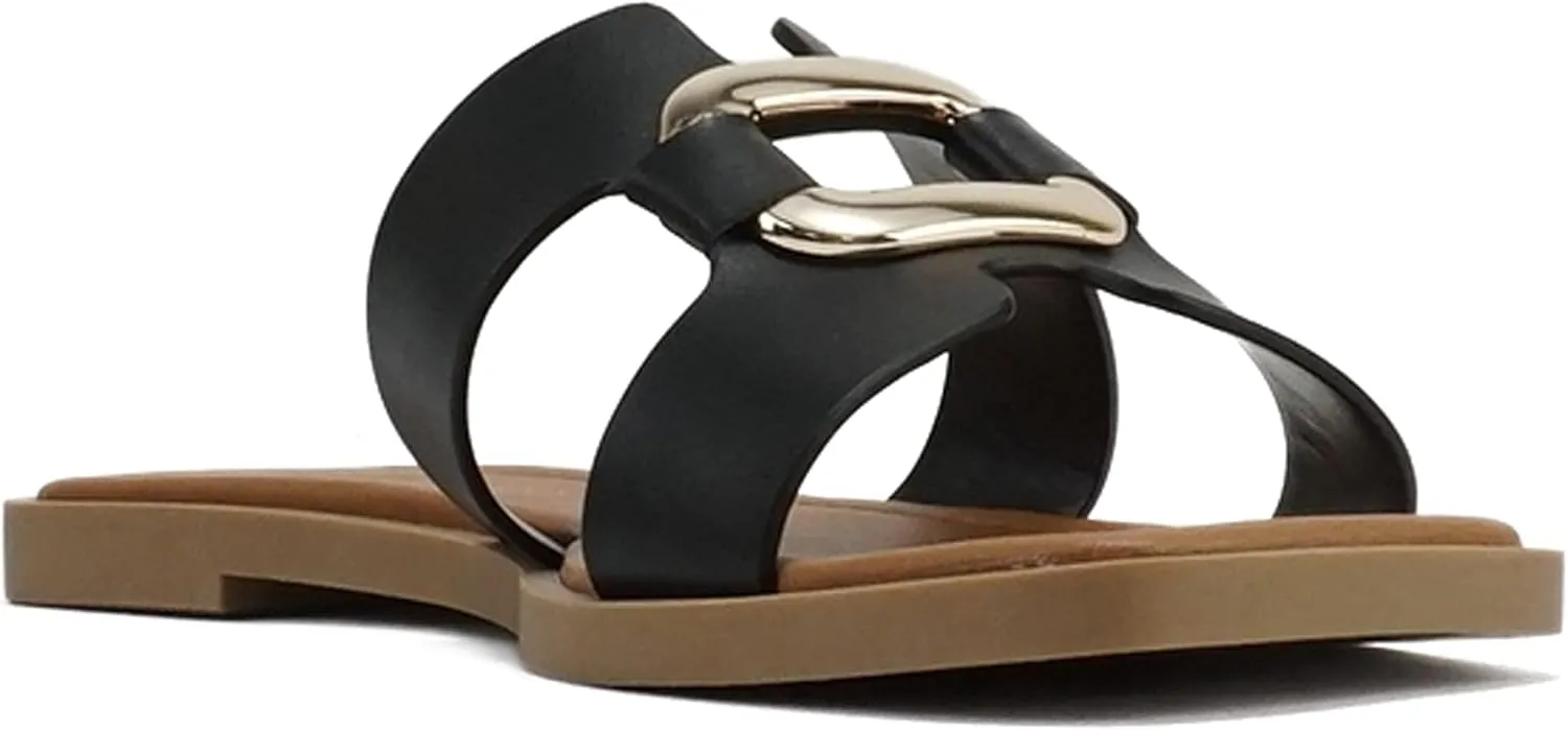 CITYCLASSIFIED “FENG” ~ Women Square Toe H-Band Buckle Slip-On Fashion Slide Sandal
