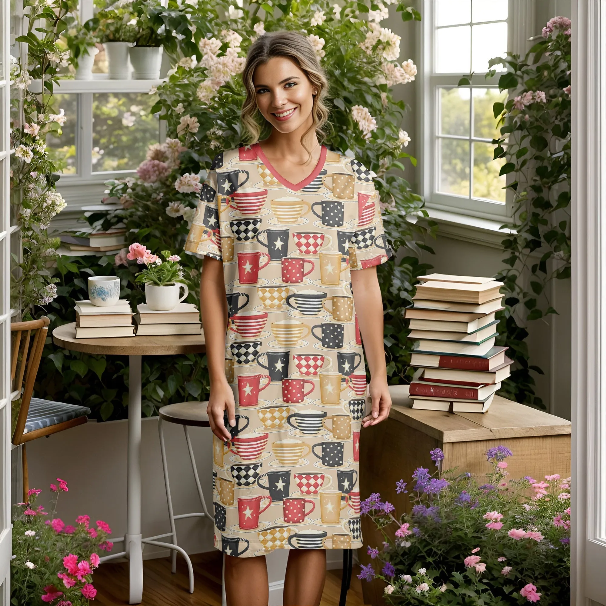 Coffee Shineful V-neck Cozy Cups Nightshirts