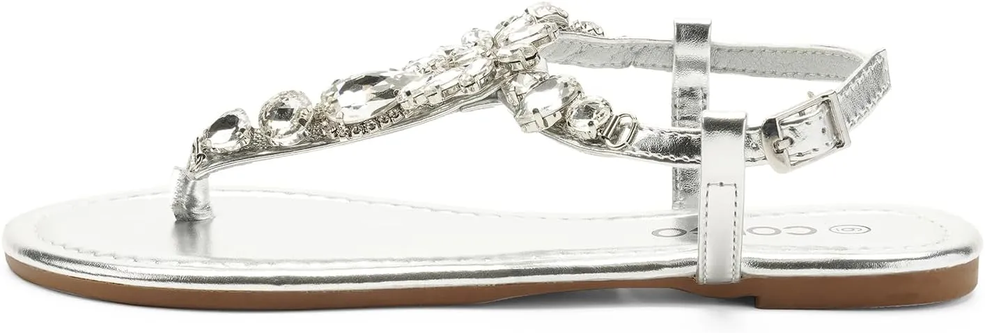 Colgo Women's T-Strap Flat Sandals, Elegant Glitter Rhinestone Thong Dress Shoes, Comfortable Wedding Sandals for Summer Beach Parties