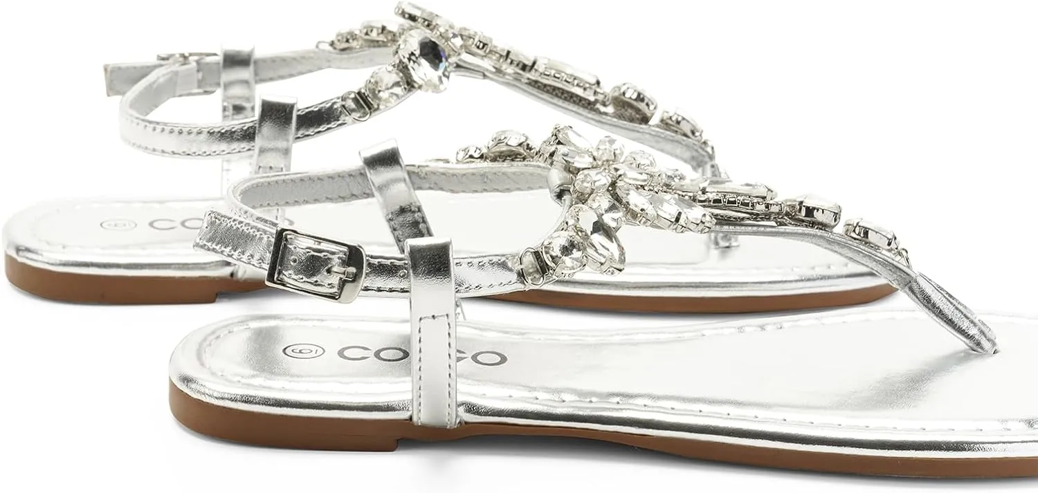 Colgo Women's T-Strap Flat Sandals, Elegant Glitter Rhinestone Thong Dress Shoes, Comfortable Wedding Sandals for Summer Beach Parties