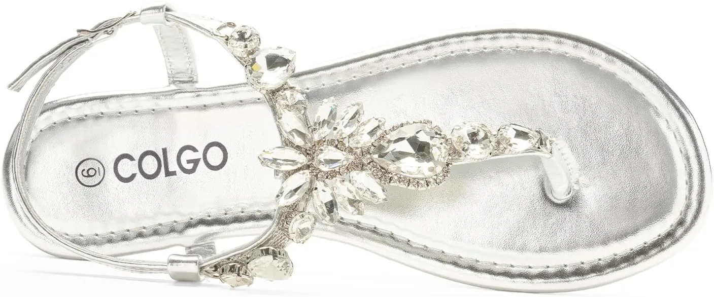 Colgo Women's T-Strap Flat Sandals, Elegant Glitter Rhinestone Thong Dress Shoes, Comfortable Wedding Sandals for Summer Beach Parties