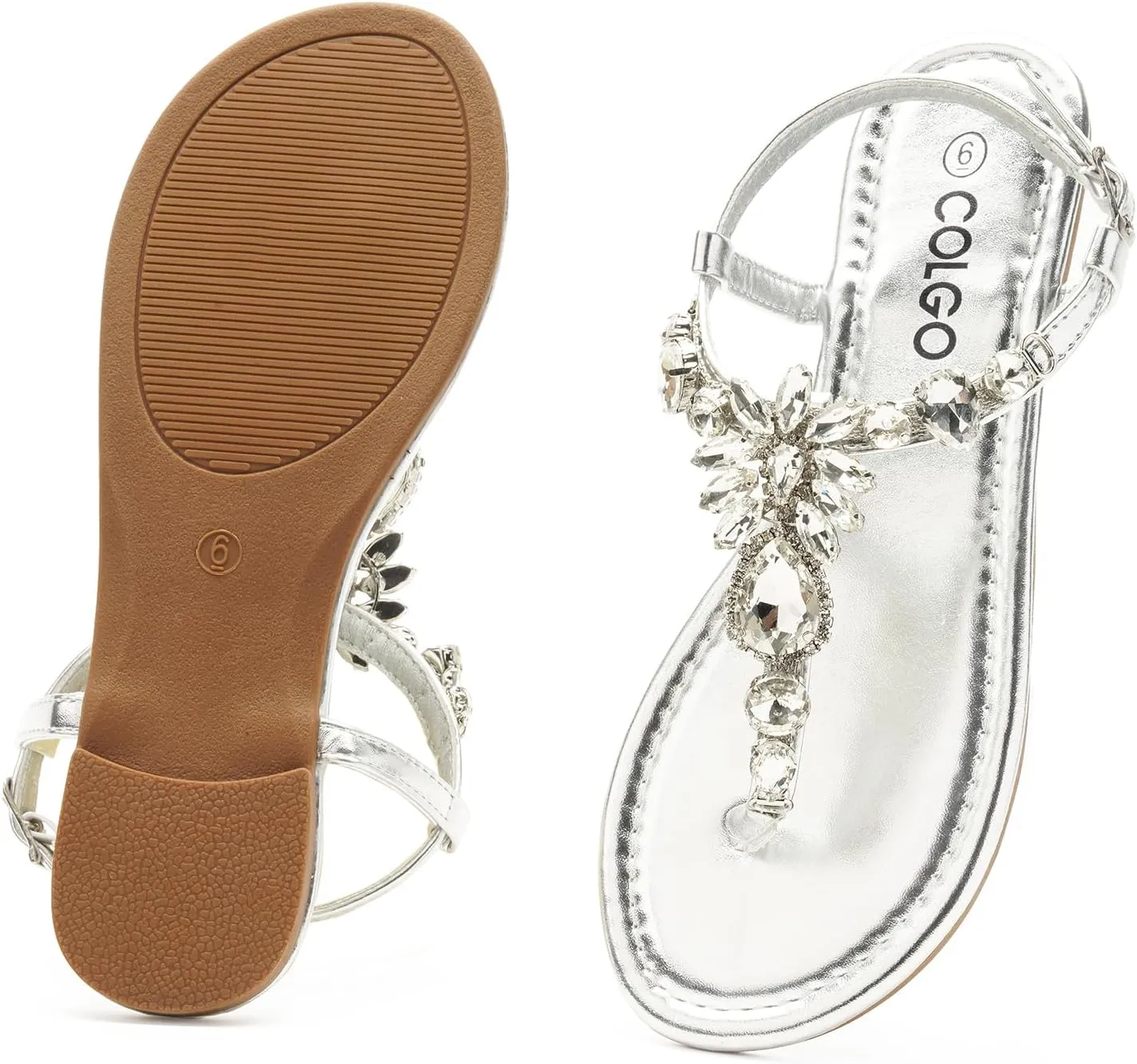 Colgo Women's T-Strap Flat Sandals, Elegant Glitter Rhinestone Thong Dress Shoes, Comfortable Wedding Sandals for Summer Beach Parties