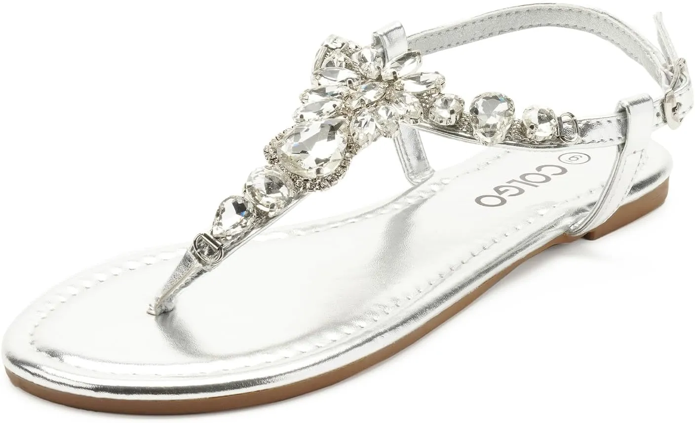 Colgo Women's T-Strap Flat Sandals, Elegant Glitter Rhinestone Thong Dress Shoes, Comfortable Wedding Sandals for Summer Beach Parties
