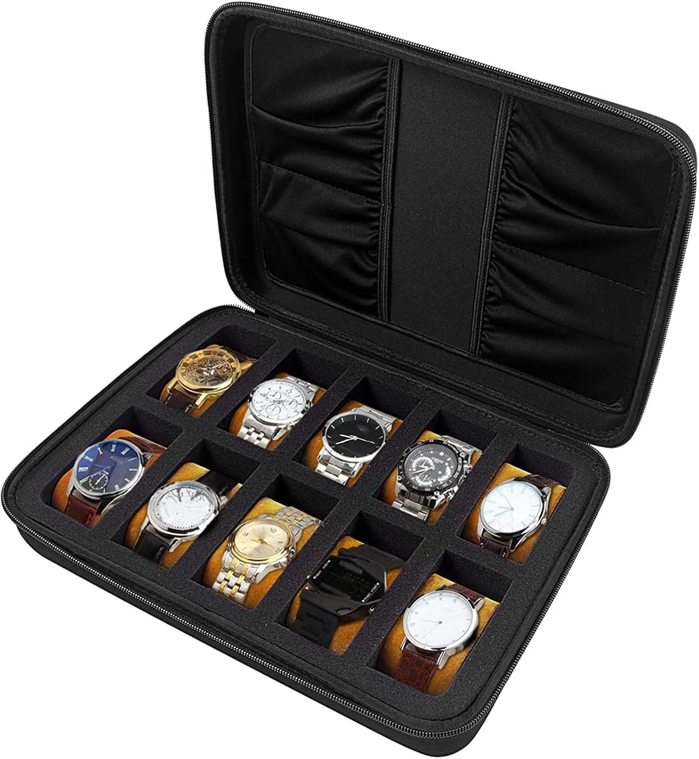 COMECASE 10 Slots Watch Box Organizer/Men Watch Display Storage Case Fits All Wristwatches and Smart Watches up to 42mm with Extra 4 Pocket for Watch Band and Other Accessories (Black)