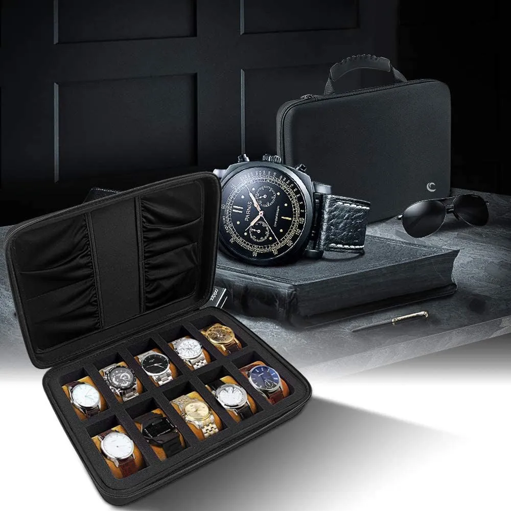 COMECASE 10 Slots Watch Box Organizer/Men Watch Display Storage Case Fits All Wristwatches and Smart Watches up to 42mm with Extra 4 Pocket for Watch Band and Other Accessories (Black)