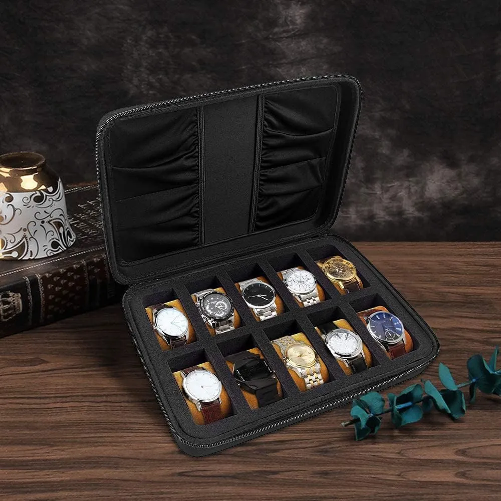 COMECASE 10 Slots Watch Box Organizer/Men Watch Display Storage Case Fits All Wristwatches and Smart Watches up to 42mm with Extra 4 Pocket for Watch Band and Other Accessories (Black)