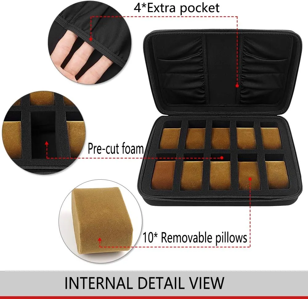 COMECASE 10 Slots Watch Box Organizer/Men Watch Display Storage Case Fits All Wristwatches and Smart Watches up to 42mm with Extra 4 Pocket for Watch Band and Other Accessories (Black)