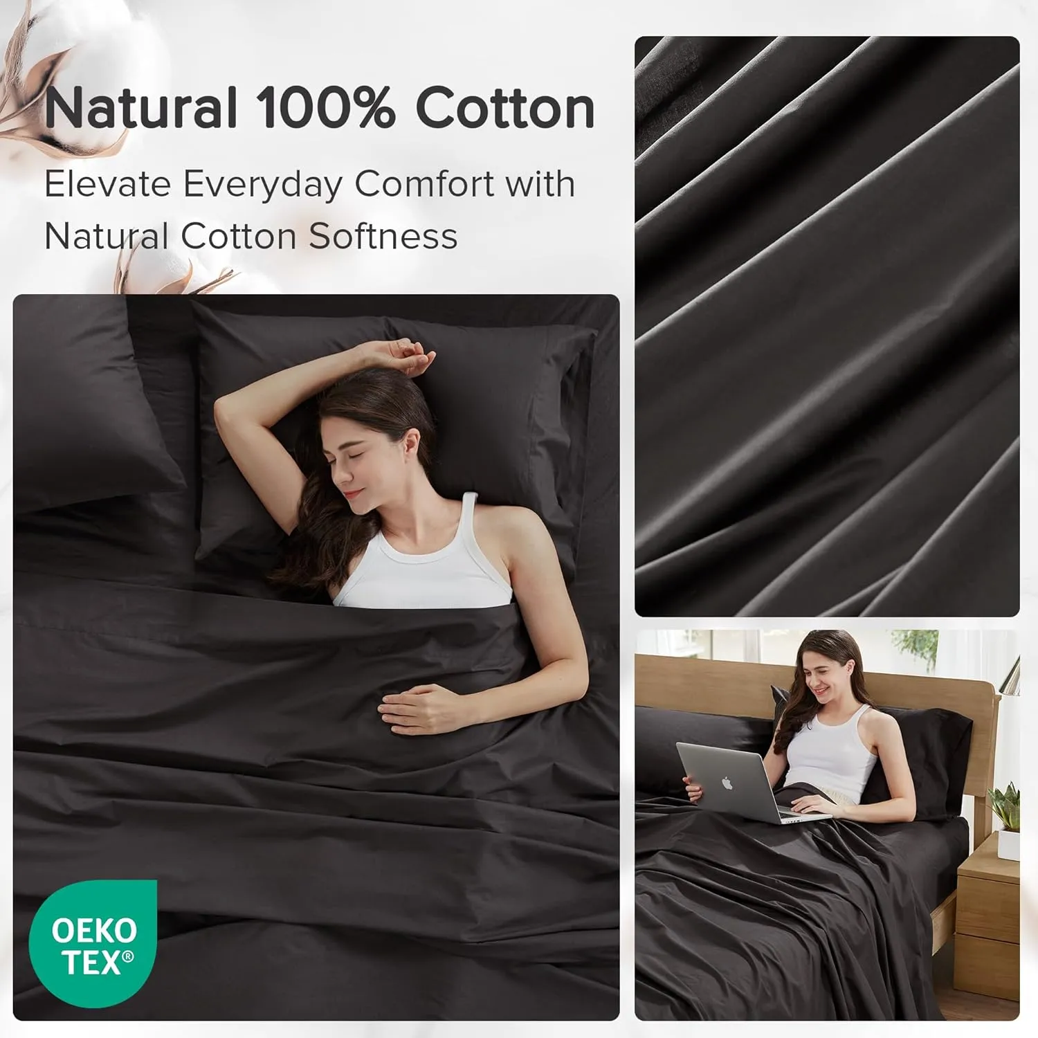 Comfort Spaces 100% Cotton Sheets King, Breathable & Ultra Soft Cotton Sheets, Naturally Cool Cotton Bed Sheets with 14" Elastic Pocket Fits up to 16" Mattress, All Season Sheet Set, Black 4 Piece