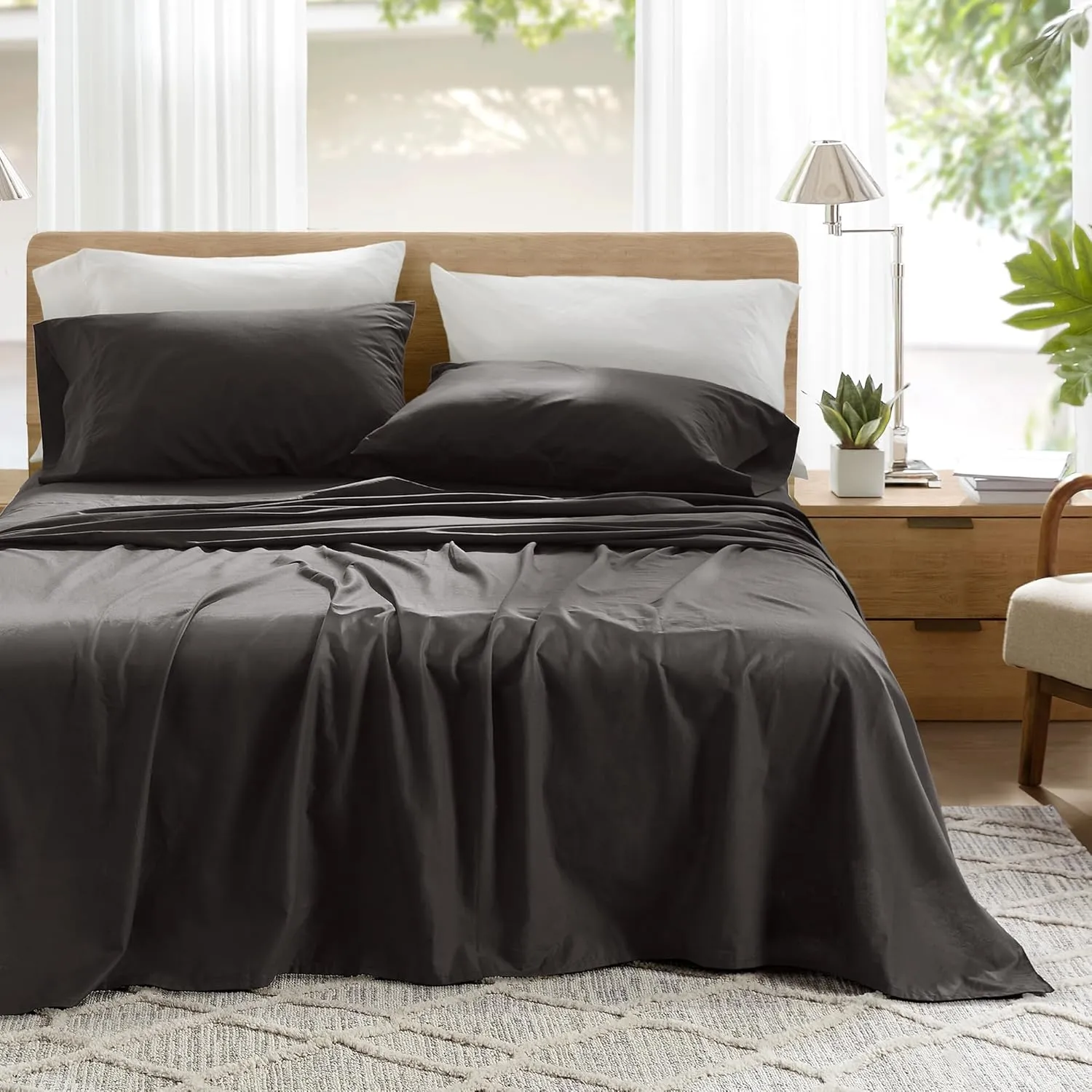 Comfort Spaces 100% Cotton Sheets King, Breathable & Ultra Soft Cotton Sheets, Naturally Cool Cotton Bed Sheets with 14" Elastic Pocket Fits up to 16" Mattress, All Season Sheet Set, Black 4 Piece
