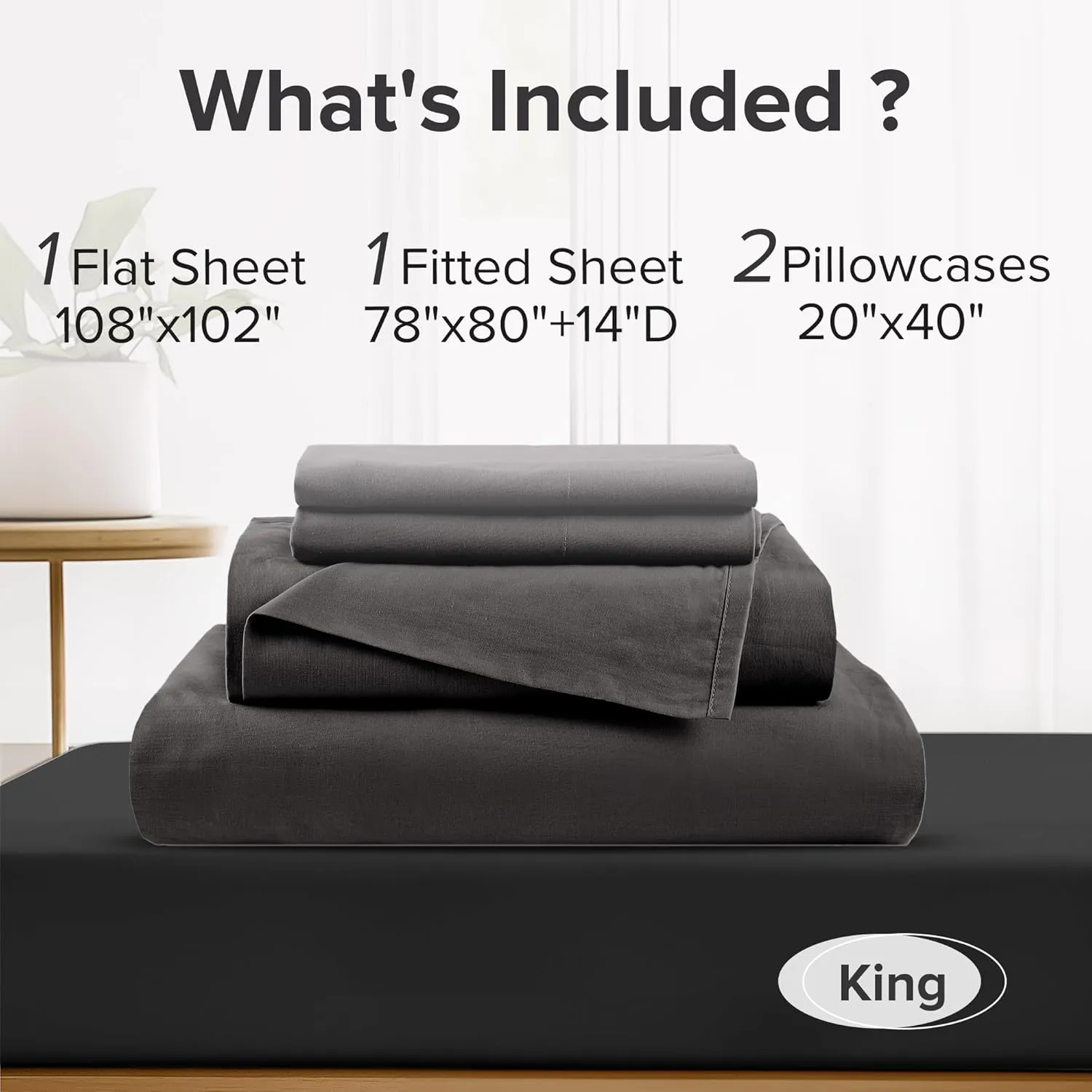 Comfort Spaces 100% Cotton Sheets King, Breathable & Ultra Soft Cotton Sheets, Naturally Cool Cotton Bed Sheets with 14" Elastic Pocket Fits up to 16" Mattress, All Season Sheet Set, Black 4 Piece
