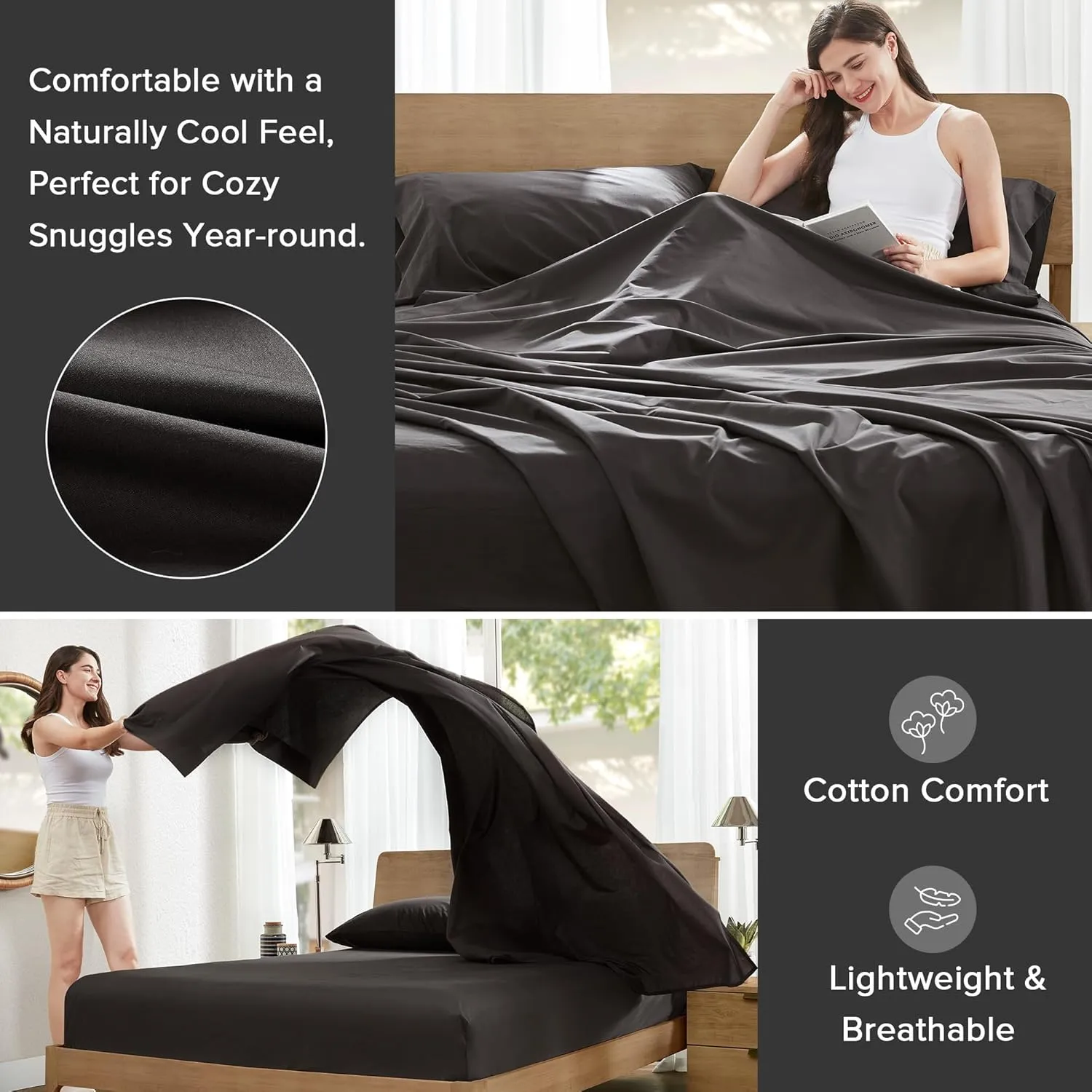 Comfort Spaces 100% Cotton Sheets King, Breathable & Ultra Soft Cotton Sheets, Naturally Cool Cotton Bed Sheets with 14" Elastic Pocket Fits up to 16" Mattress, All Season Sheet Set, Black 4 Piece