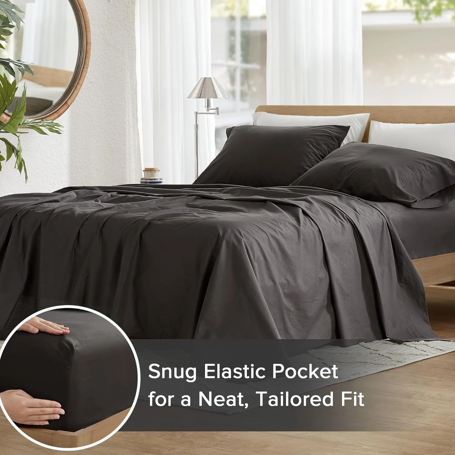 Comfort Spaces 100% Cotton Sheets King, Breathable & Ultra Soft Cotton Sheets, Naturally Cool Cotton Bed Sheets with 14" Elastic Pocket Fits up to 16" Mattress, All Season Sheet Set, Black 4 Piece