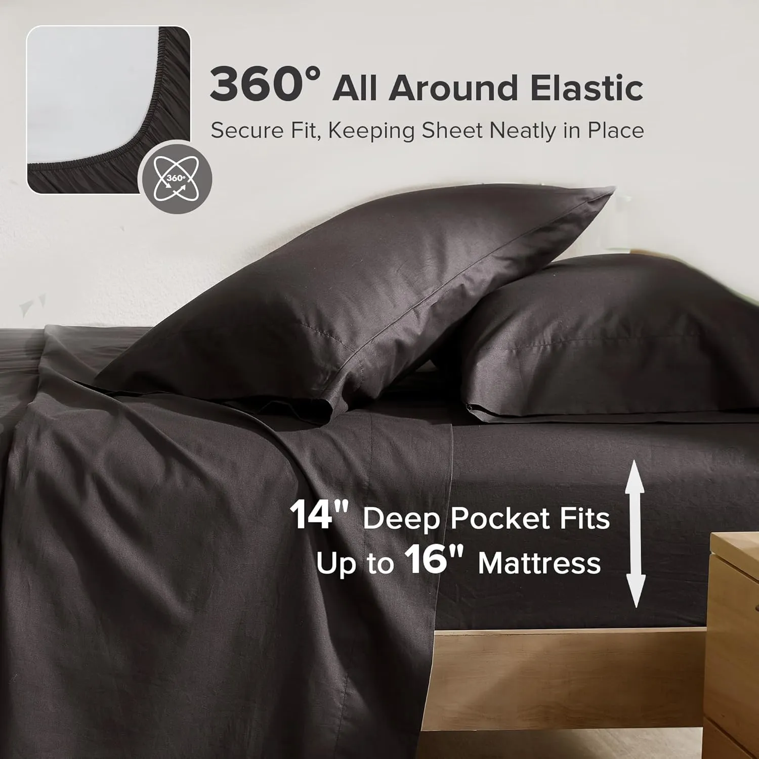 Comfort Spaces 100% Cotton Sheets King, Breathable & Ultra Soft Cotton Sheets, Naturally Cool Cotton Bed Sheets with 14" Elastic Pocket Fits up to 16" Mattress, All Season Sheet Set, Black 4 Piece