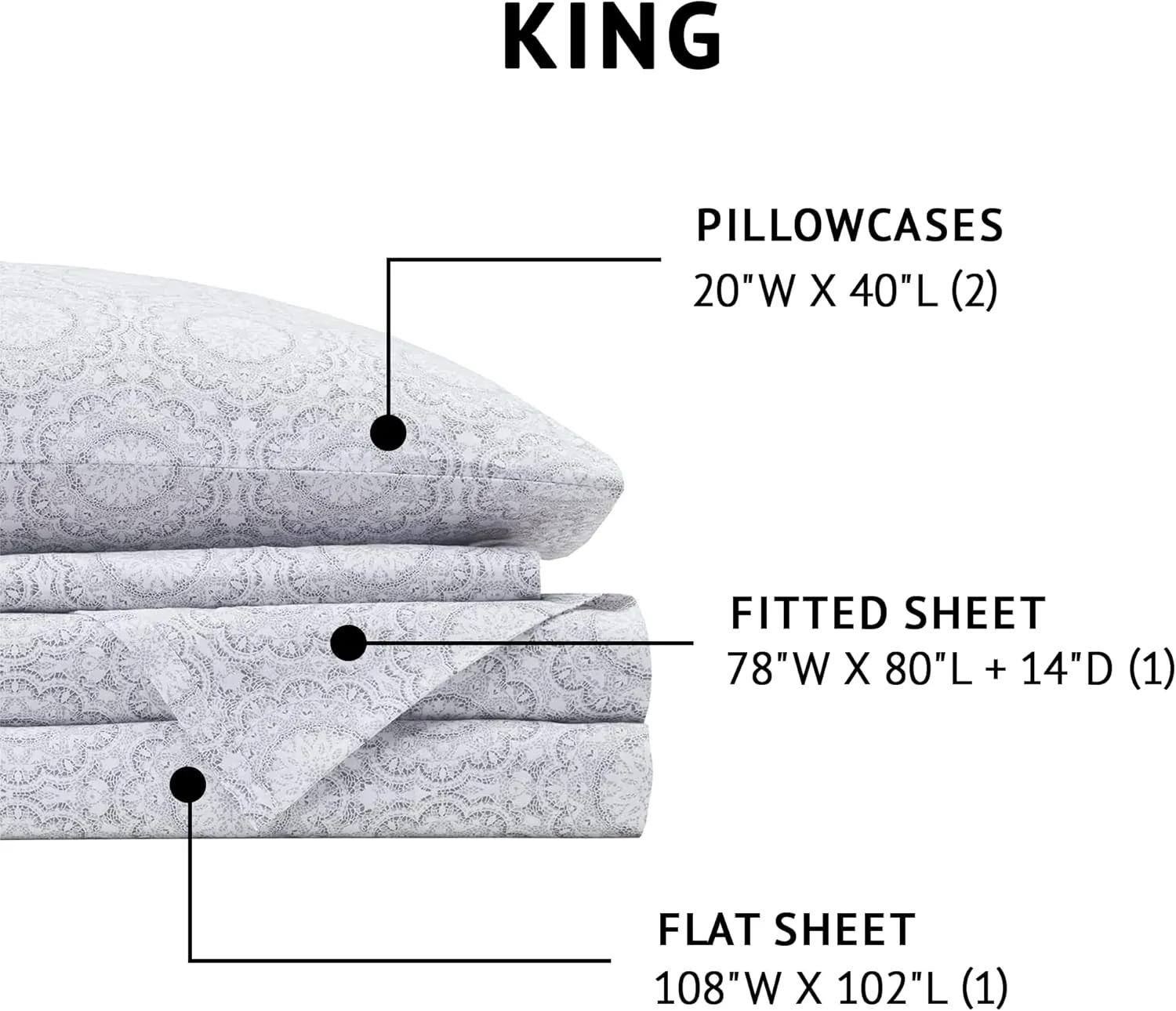 Comfort Spaces 100% Cotton Sheets King, Breathable, Naturally Cool Cotton Sheets, Soft Cotton Bed Sheets with 14" Elastic Pocket Fits up to 16" Mattress, All Seasons Sheet Set, Adelia Gray 4 Piece