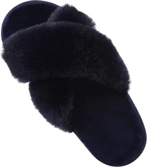 Comwarm Women's Cross Band Fuzzy Slippers Fluffy Open Toe House Slippers Cozy Plush Bedroom Shoes Indoor Outdoor