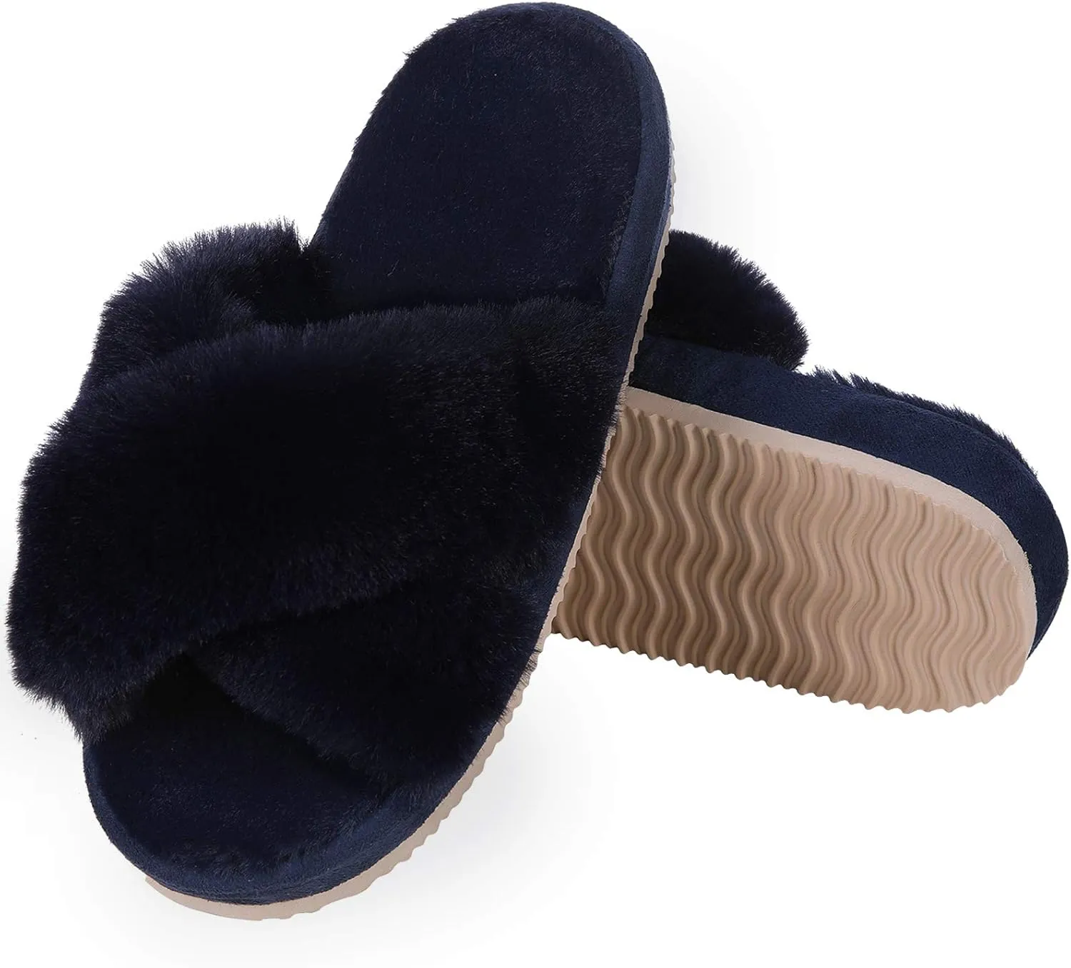 Comwarm Women's Cross Band Fuzzy Slippers Fluffy Open Toe House Slippers Cozy Plush Bedroom Shoes Indoor Outdoor