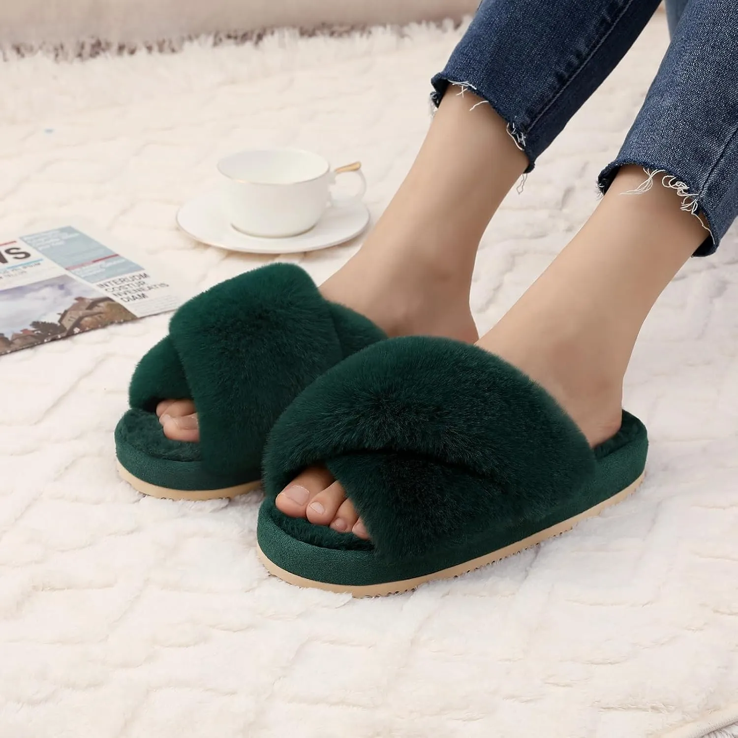 Comwarm Women's Cross Band Fuzzy Slippers Fluffy Open Toe House Slippers Cozy Plush Bedroom Shoes Indoor Outdoor