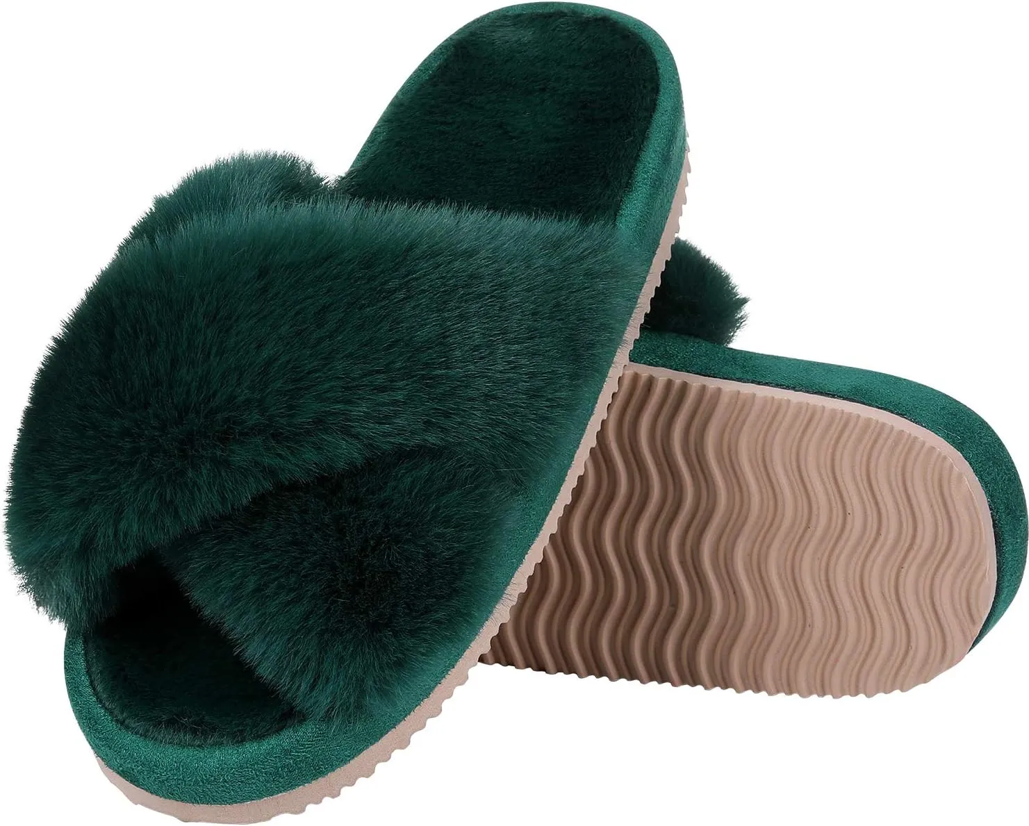 Comwarm Women's Cross Band Fuzzy Slippers Fluffy Open Toe House Slippers Cozy Plush Bedroom Shoes Indoor Outdoor