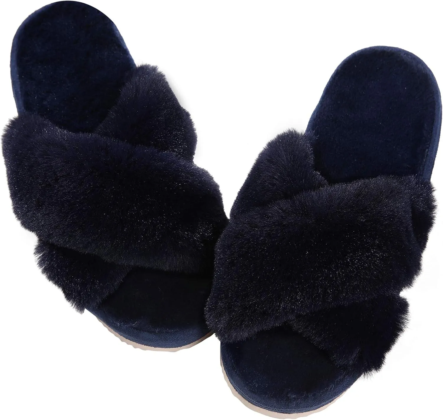 Comwarm Women's Cross Band Fuzzy Slippers Fluffy Open Toe House Slippers Cozy Plush Bedroom Shoes Indoor Outdoor