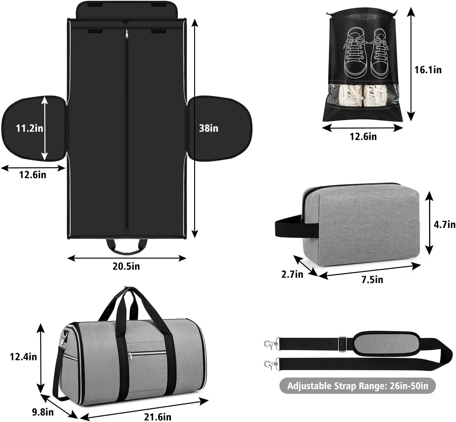 Convertible Garment Duffel Bags for Travel - Carry on Garment Bag with Toiletry Bag Shoe Pouches Travel Duffel Bag 2 in 1 Hanging Suit Bag Large Weekender Bag for Men Women