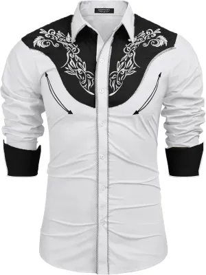 COOFANDY Men's Western Cowboy Shirt Long Sleeve Slim Fit Rose Embroidered Cotton Casual Button Down Shirts