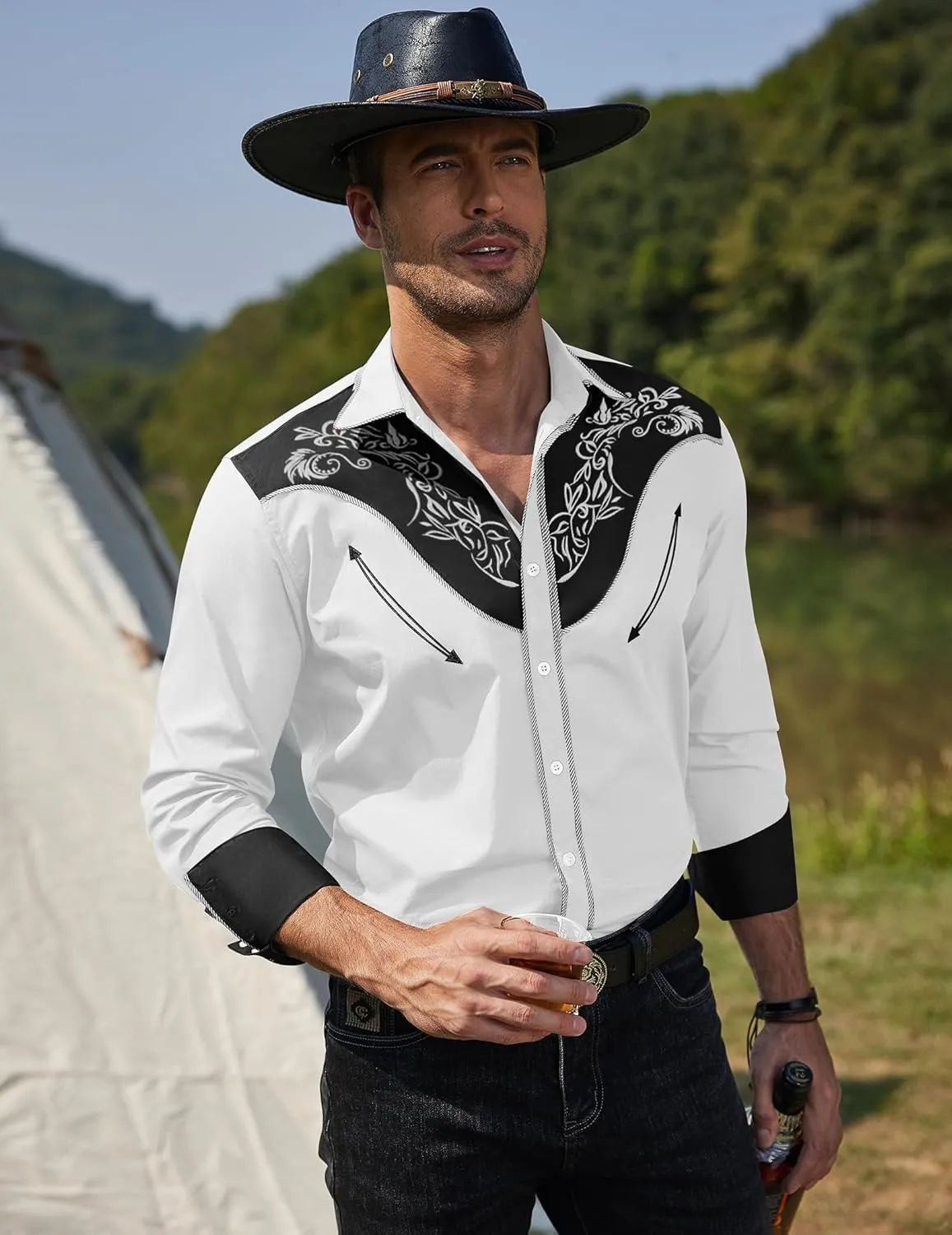 COOFANDY Men's Western Cowboy Shirt Long Sleeve Slim Fit Rose Embroidered Cotton Casual Button Down Shirts