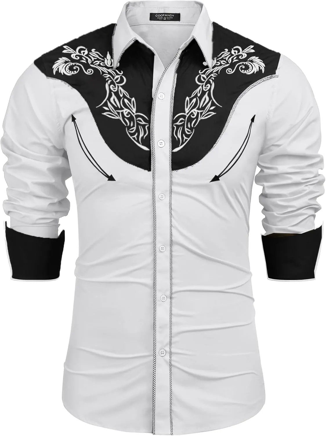 COOFANDY Men's Western Cowboy Shirt Long Sleeve Slim Fit Rose Embroidered Cotton Casual Button Down Shirts