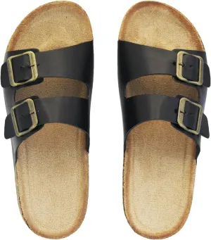Cork Footbed Flat Slide Sandals for Women, Ladies Leather Slippers, Adjustable Buckle Memory Foam Beach Essentials Fashion Sandals Vacation Shoes Stylish Casual Footwear