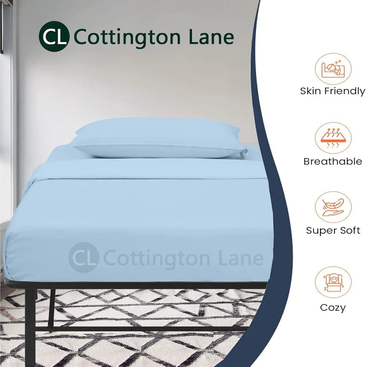Cottington Lane Cot Size 30 x 75 Sheet Set, Hotel Quality 100% Cotton 4 Piece Bunk Bed Sheets, Perfect for Narrow Twin, Camp Bunk,Trifold Mattress, Guest Bed Replacement, Light Blue Solid