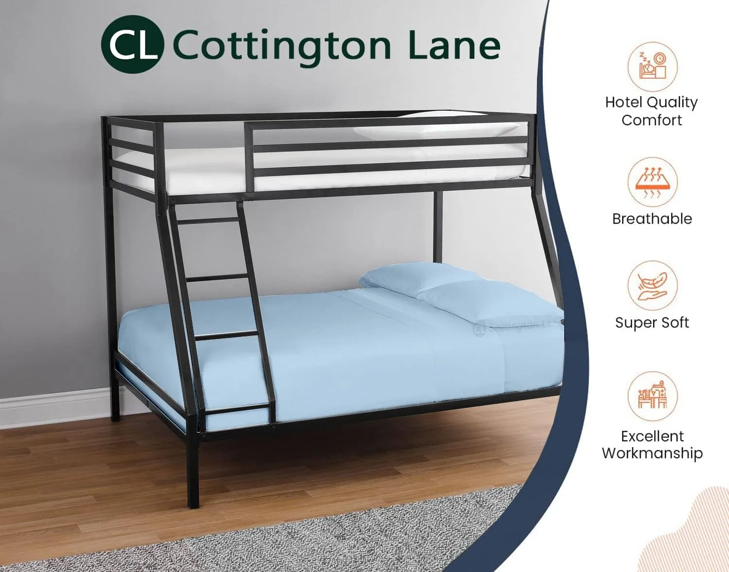 Cottington Lane Cot Size 30 x 75 Sheet Set, Hotel Quality 100% Cotton 4 Piece Bunk Bed Sheets, Perfect for Narrow Twin, Camp Bunk,Trifold Mattress, Guest Bed Replacement, Light Blue Solid