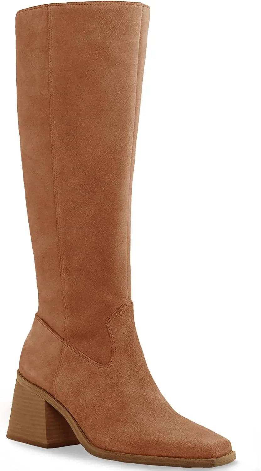 Coutgo Women's Knee High Boots Wide Calf Square Toe Chunky Heeled Pull-on Boot