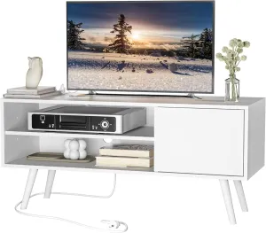 Cozy Castle TV Stand for 48 Inch TV, Mid Century Modern Entertainment Center with Storage Cabinet, TV Media Console with Charging Station for Living Room, Bedroom, White