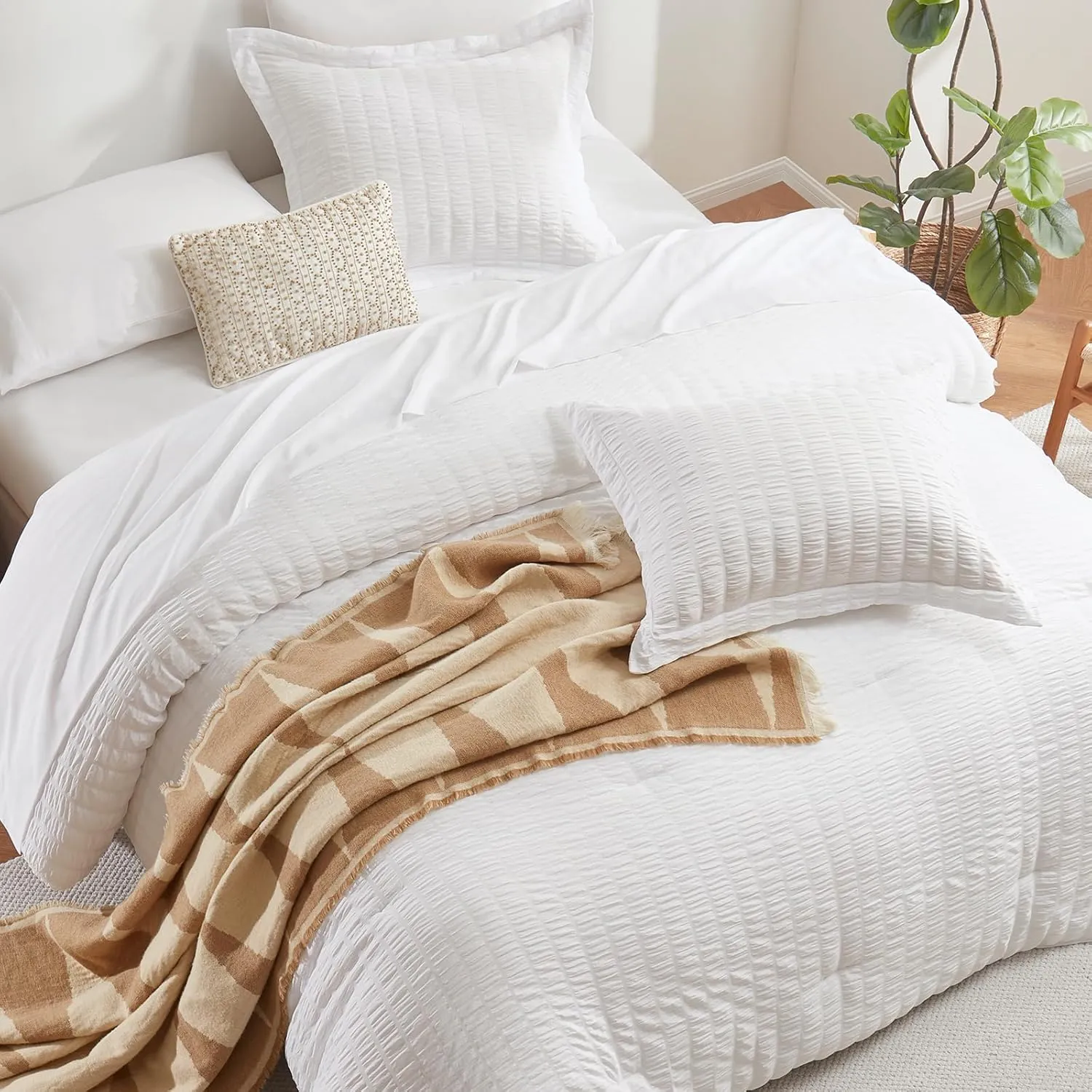 CozyLux Queen Comforter Set White Seersucker 7 Pieces Bed in a Bag Queen Comforter Set with Sheets, Luxury Soft Bedding Set with Down Alternative Comforter, Sheets, Pillowcases & Shams for All Seasons