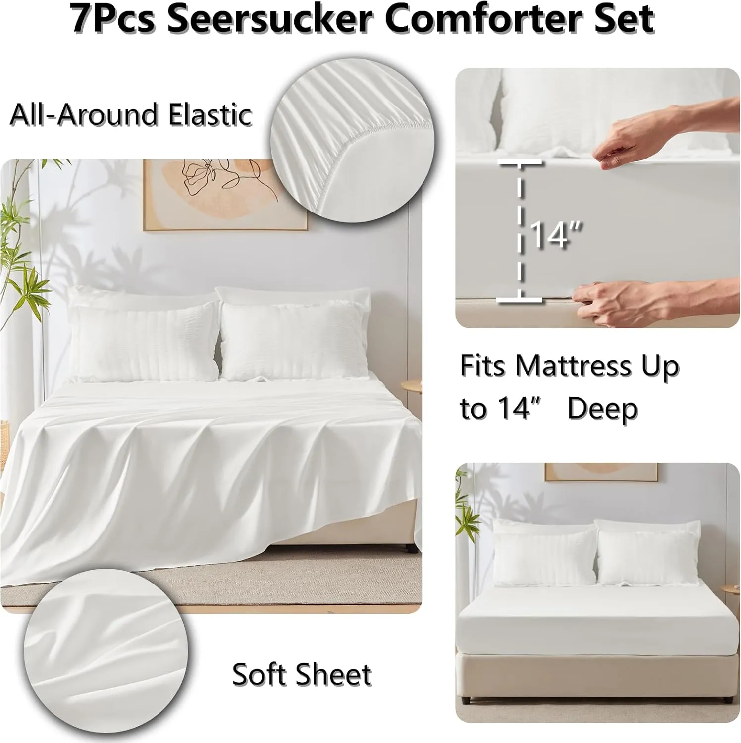 CozyLux Queen Comforter Set White Seersucker 7 Pieces Bed in a Bag Queen Comforter Set with Sheets, Luxury Soft Bedding Set with Down Alternative Comforter, Sheets, Pillowcases & Shams for All Seasons