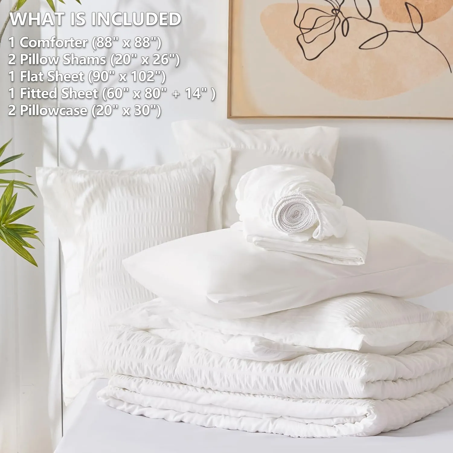 CozyLux Queen Comforter Set White Seersucker 7 Pieces Bed in a Bag Queen Comforter Set with Sheets, Luxury Soft Bedding Set with Down Alternative Comforter, Sheets, Pillowcases & Shams for All Seasons