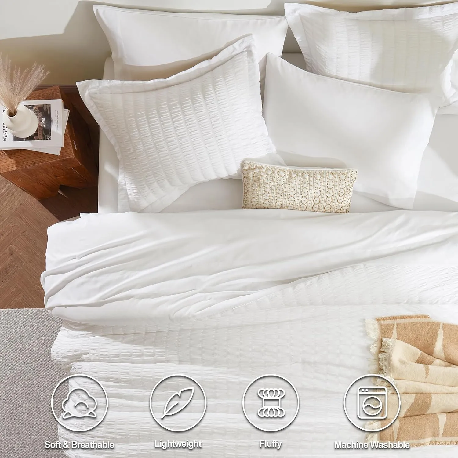 CozyLux Queen Comforter Set White Seersucker 7 Pieces Bed in a Bag Queen Comforter Set with Sheets, Luxury Soft Bedding Set with Down Alternative Comforter, Sheets, Pillowcases & Shams for All Seasons
