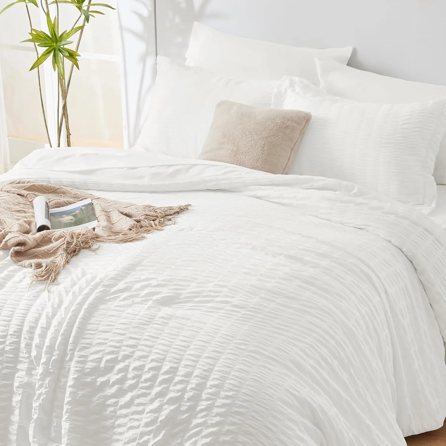 CozyLux Queen Comforter Set White Seersucker 7 Pieces Bed in a Bag Queen Comforter Set with Sheets, Luxury Soft Bedding Set with Down Alternative Comforter, Sheets, Pillowcases & Shams for All Seasons