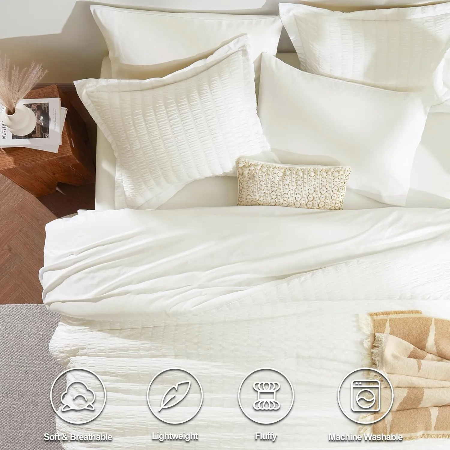 CozyLux Queen Seersucker Comforter Set with Sheets Ivory Bed in a Bag 7-Pieces All Season Bedding Sets with Comforter, Pillow Sham, Flat Sheet, Fitted Sheet, Pillowcase