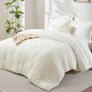 CozyLux Queen Seersucker Comforter Set with Sheets Ivory Bed in a Bag 7-Pieces All Season Bedding Sets with Comforter, Pillow Sham, Flat Sheet, Fitted Sheet, Pillowcase