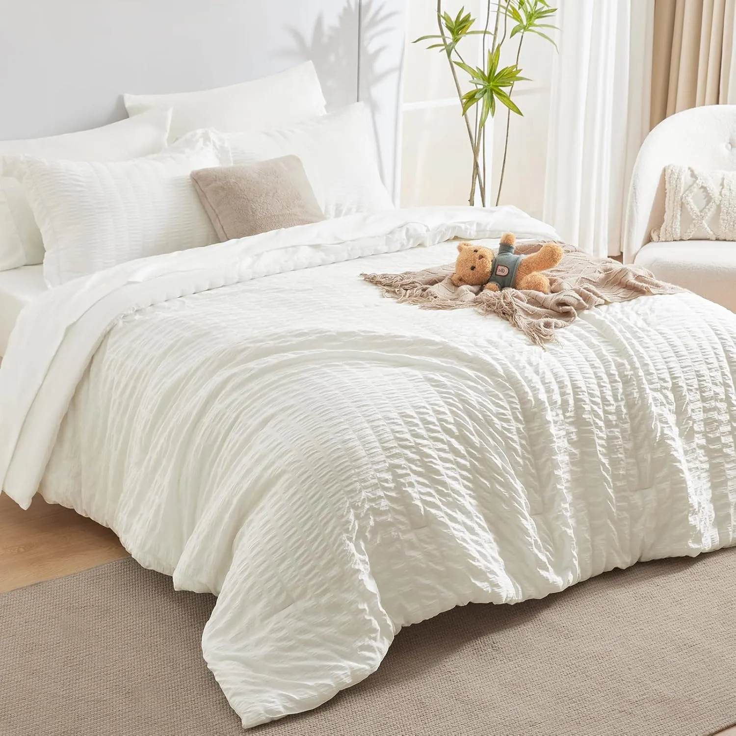 CozyLux Queen Seersucker Comforter Set with Sheets Ivory Bed in a Bag 7-Pieces All Season Bedding Sets with Comforter, Pillow Sham, Flat Sheet, Fitted Sheet, Pillowcase