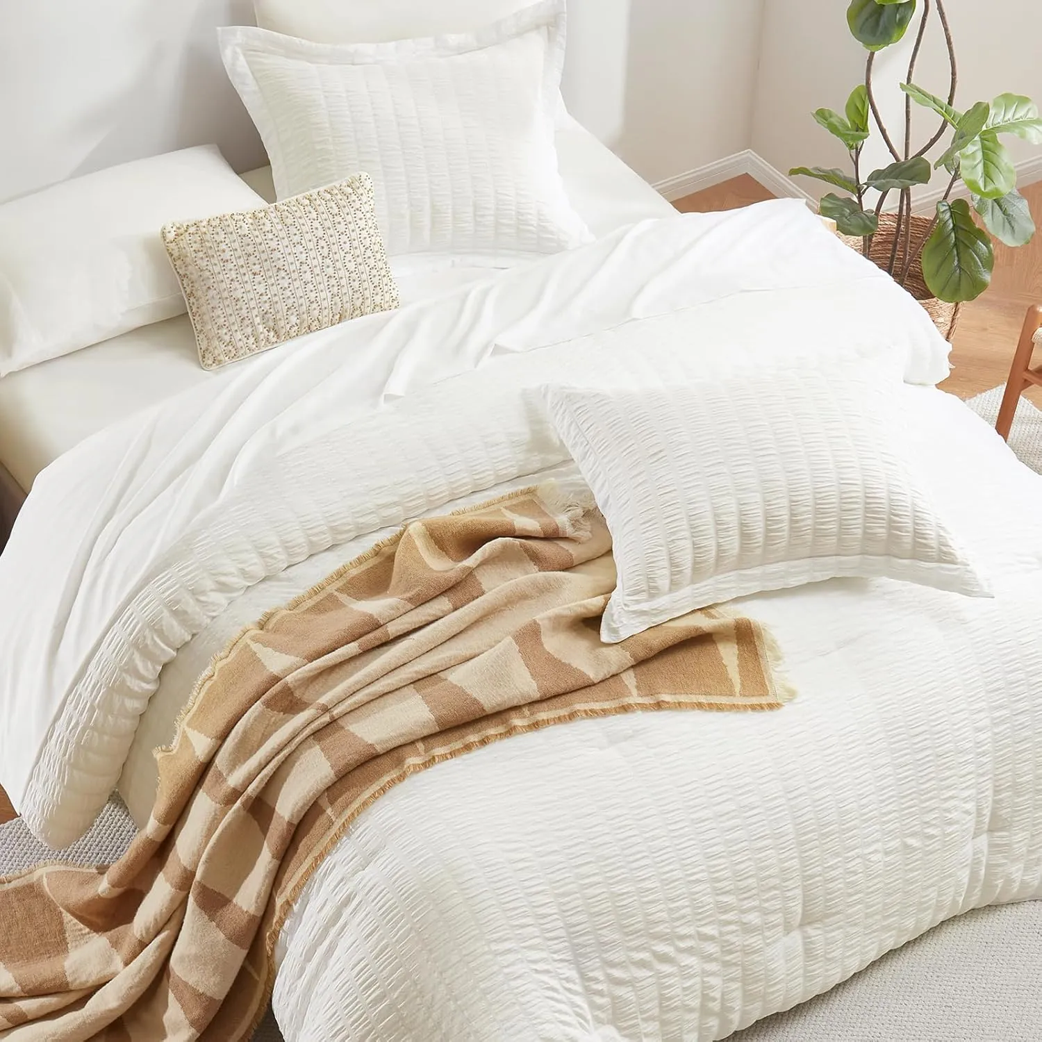 CozyLux Queen Seersucker Comforter Set with Sheets Ivory Bed in a Bag 7-Pieces All Season Bedding Sets with Comforter, Pillow Sham, Flat Sheet, Fitted Sheet, Pillowcase