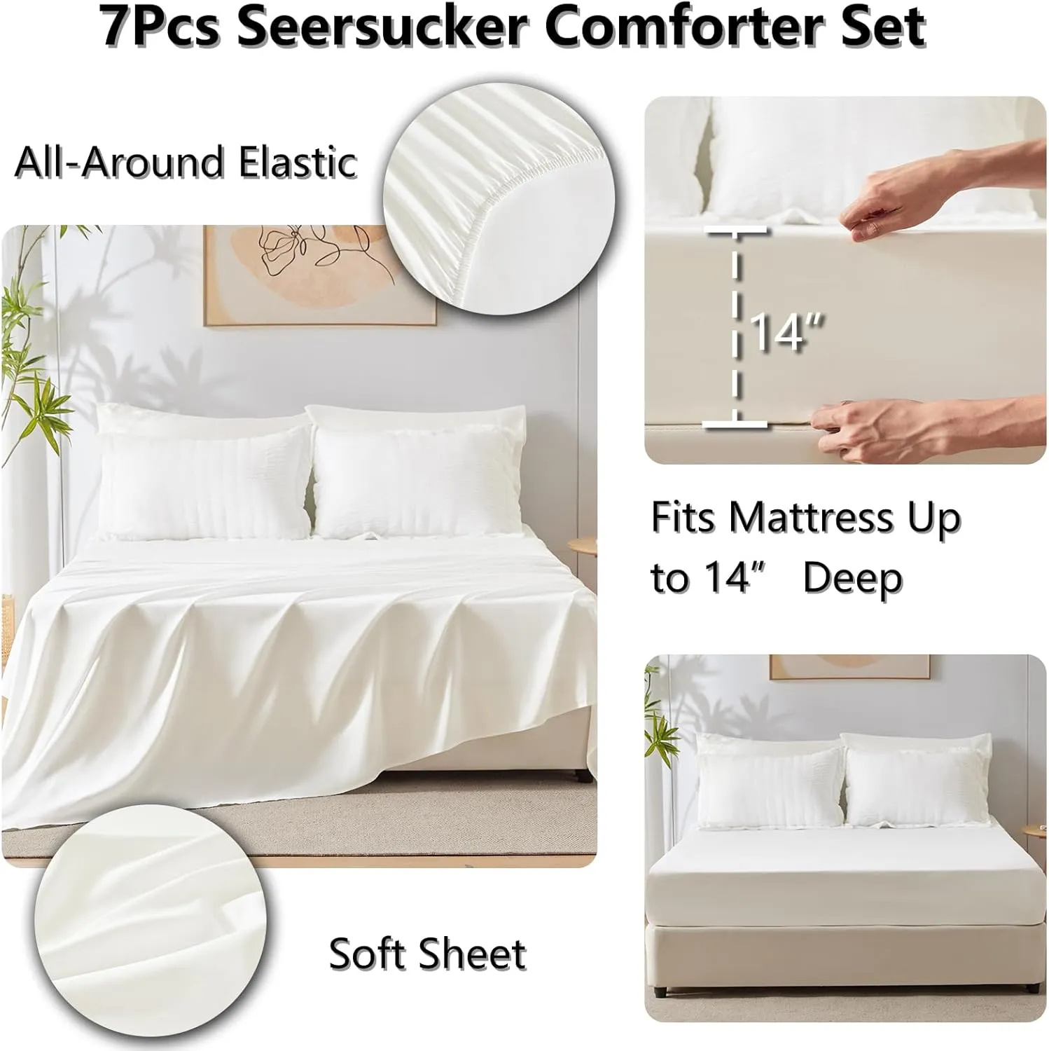 CozyLux Queen Seersucker Comforter Set with Sheets Ivory Bed in a Bag 7-Pieces All Season Bedding Sets with Comforter, Pillow Sham, Flat Sheet, Fitted Sheet, Pillowcase