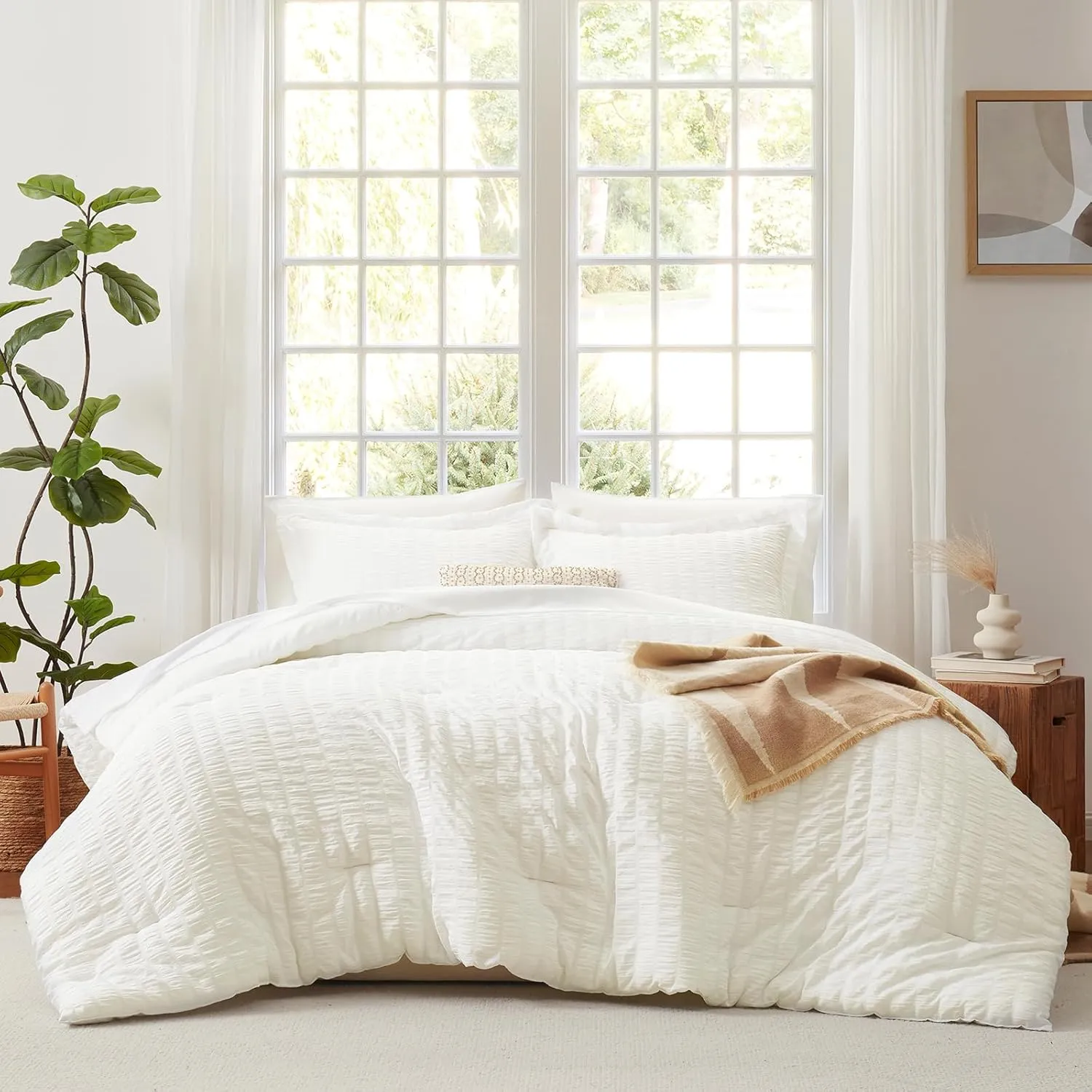 CozyLux Queen Seersucker Comforter Set with Sheets Ivory Bed in a Bag 7-Pieces All Season Bedding Sets with Comforter, Pillow Sham, Flat Sheet, Fitted Sheet, Pillowcase